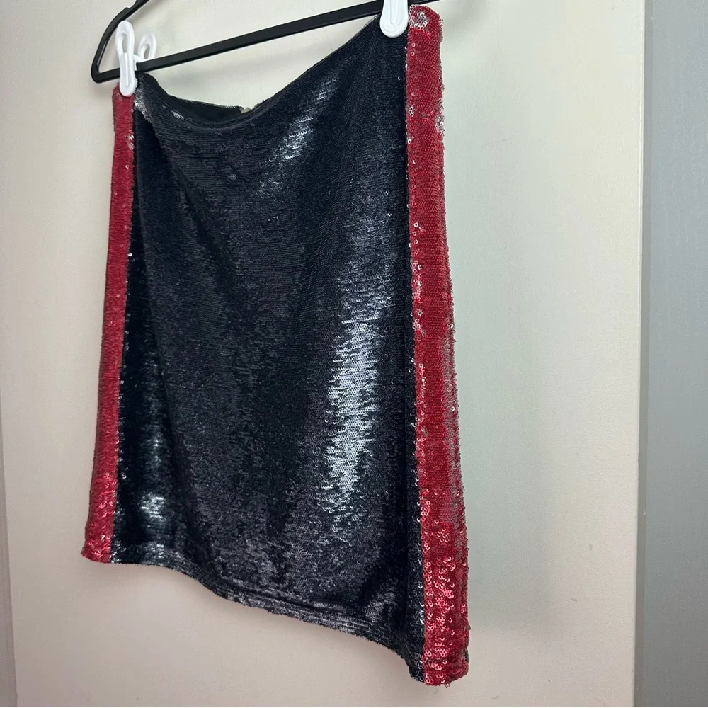 IRO Colinne Shimmer Sequin Metallic‎ Black W/Red Side Stripe Lined Mini Skirt 2